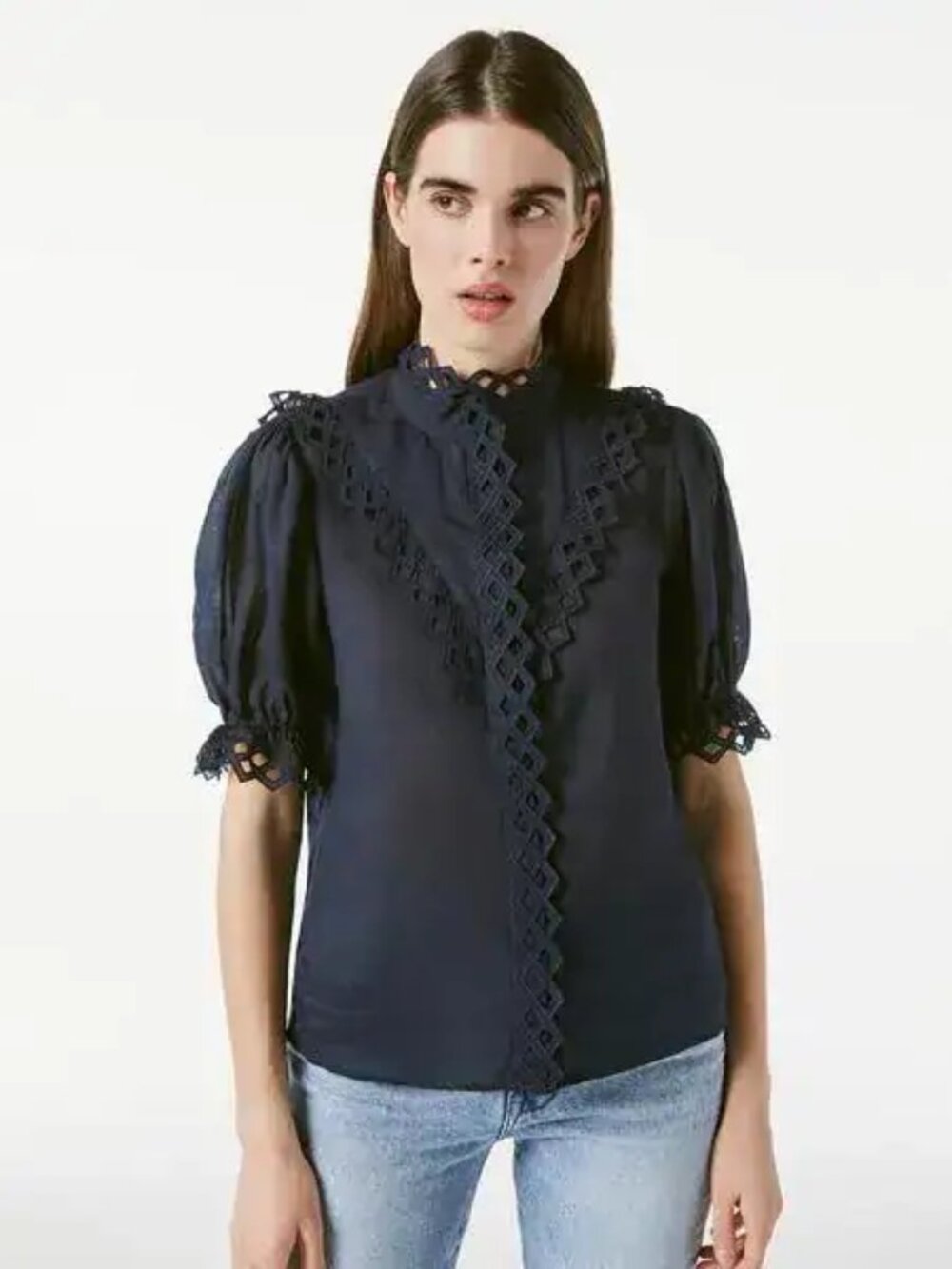 Frame Embroidered High Neck Short Sleeve Top in Navy Size XS